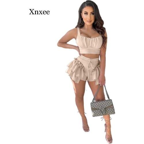 Summer 2-Piece Set of Solid Color Sexy Ruffled Shorts and Crop Top Womens Fashion Club Vacation Outfit