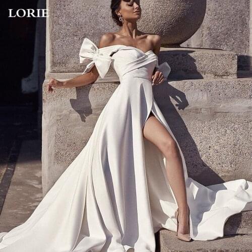 LORIE Fairy Bride Wedding Dresses Sweetheart Bow Boho Satin Bridal Gowns 2021 Sexy Side Split Vestidos De Novia 2021
