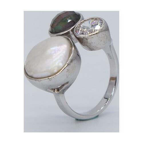 MIQIAO Silver Rings With Pearls On Fingers With Stone Geometric Circular Zircon Black Mother Of Pearl White Crystal Adjustable