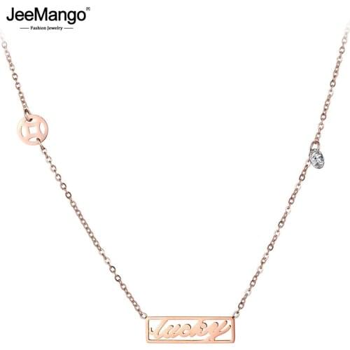 JeeMango Trendy Ancient Coins Luckly Charm Necklaces For Women Girl Rose Gold Stainless Steel CZ Crystal Pendant Jewelry JN19031