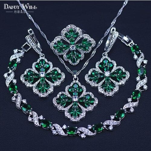 Lucky Leaf Square 4PCS Jewelry Set silver color Green Zircon Earrings Ring Necklace Pendant Bracelet For Women Gift Box
