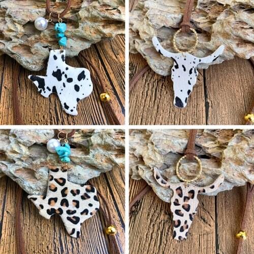 Western Style Boho Necklace for Women Hair Genuine Leather Turquoise Leopard Cow Pattern Bullhead Texas Pearl Pendant Jewelry
