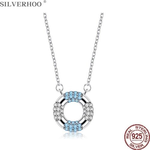 SILVERHOO 925 Sterling Silver Necklace For Women Circle Round Cubic Zirconia Pendant Necklaces Double Colour Wedding Jewelry