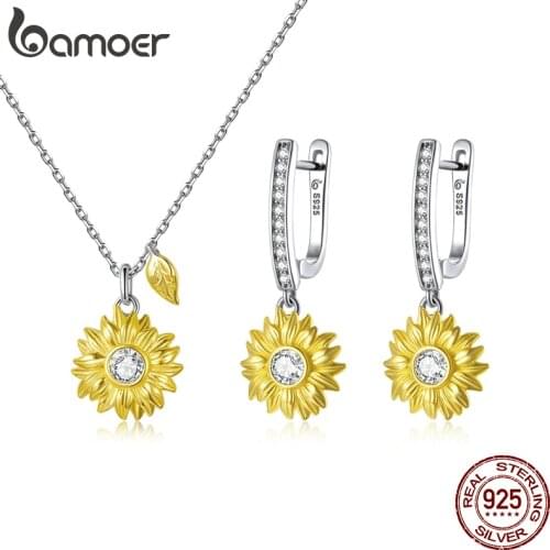 Bamoer Silver Sunflower Jewelry Set 925 Sterling Silver Gold Color Lucky Necklace Earring Gift for Women Fashion Jewelry ZHS222