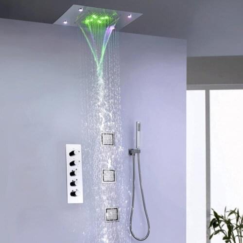 Waterfall Rain Shower System Thermostatic Mixer Faucet Set 50X36 CM Ceil Mounted LED Head Chrome Polished Body Sprayer Jet