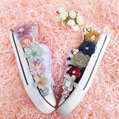 Heavy industry handmade flower drill womens shoes lace-up canvas shoes white shoes student shoes large size womens shoes