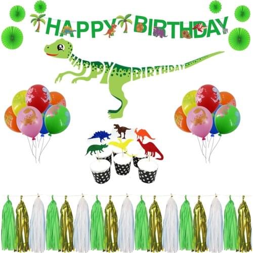Dinosaur theme First Birthday Decorations Set Happy Birthday Banner Inspired Cake Toppers for Kids Favor Flag Decoration Gifts