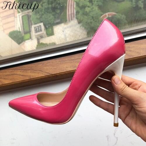 Tikicup 8cm 10cm 12cm High White Heel Women Glossy Rose Pink Pointy Toe Stiletto Pumps Wedding Party Shoes for Ladies Customize