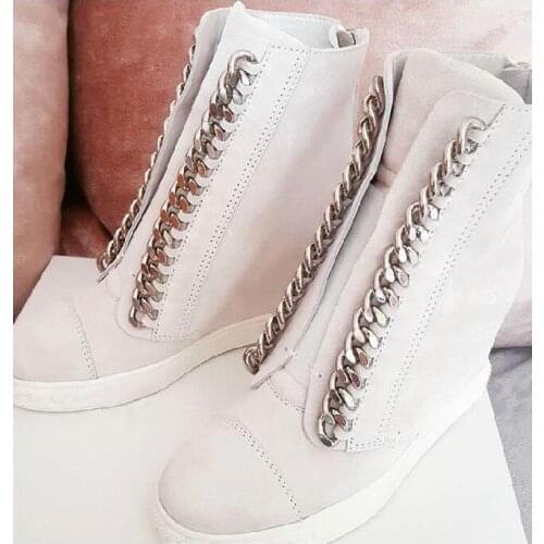 New Fashion White Leather Women Chain Flats Round Toe Lace Up Increased Heel Casual Style Shoes Zipper Back Roma Flats Size 41