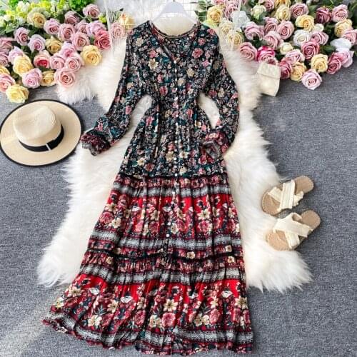 New Women Dress Casual Bohemian Printed Flowers Long Sleeves V-neck Swing Female Fashion Bali Beach Fashion Style Long Dress