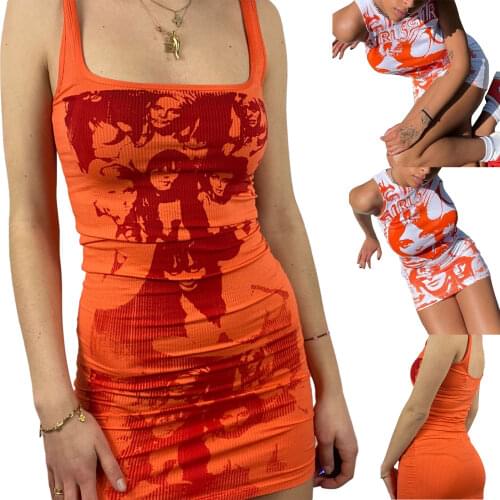 2021 New Female Slip Dress Summer Casual Human Head Patterns U-Neck Sleeveless Package Hip for Women S/M/L