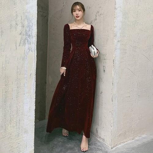 Evening Dress Square Collar Full Sleeves A-Line Floor-Length Sequins Simple Burgundy Pleat Velour Woman Formal Party Gown A534