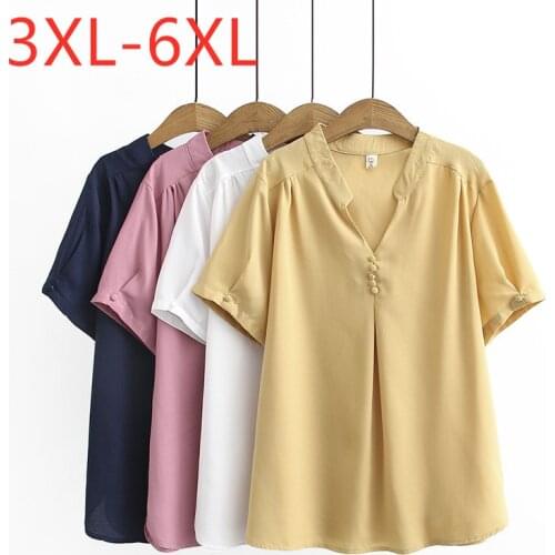 New summer plus size tops for women large blouse short sleeve casual loose cotton button V neck shirt yellow 3XL 4XL 5XL 6XL