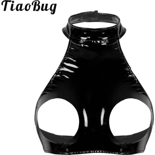 TiaoBug Women Hot Sexy Erotic Tops Fashion Black Wet Look Faux Leather Sleeveless Halter Backless Open Cups Crop Tops Clubwear