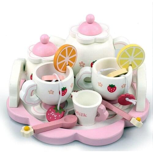 Kids Wooden Tea Set Toy Furniture Toy Realistic Dollhouse Kitchen Toys Pink Sweet Strawberry Pretend Play Parent-Child Games