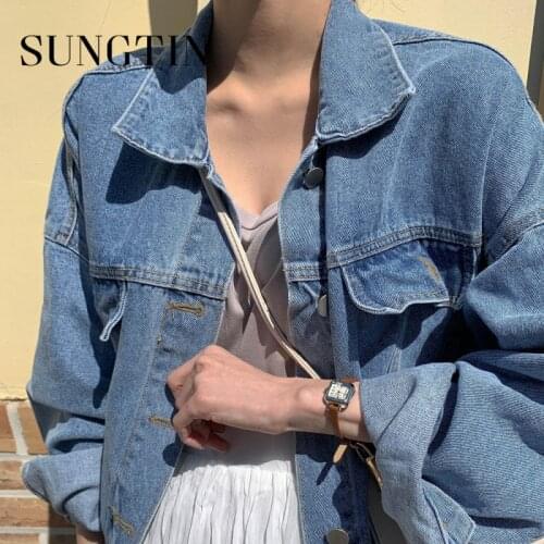 Sungtin Vintage Oversized Denim Jackets Women Korean Chic 2021 Loose Casual Blue Jean Coats Streetwear Single Breasted Outwear