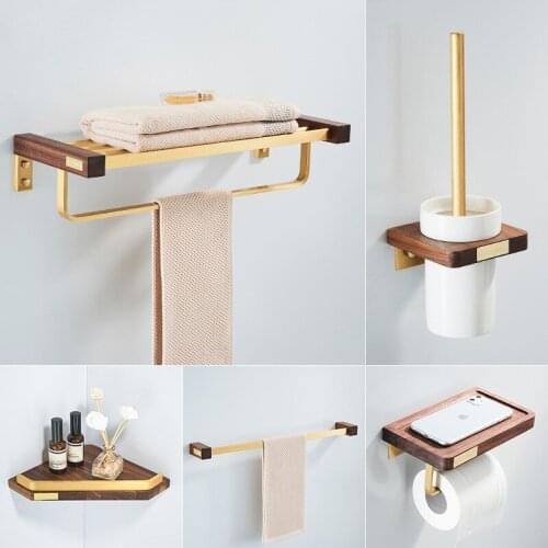 Bathroom Accessories Set Towel Rack Corner Shelf Paper Holder Toilet Brush Holder Wood and Alumimum Bathroom Hardware Set