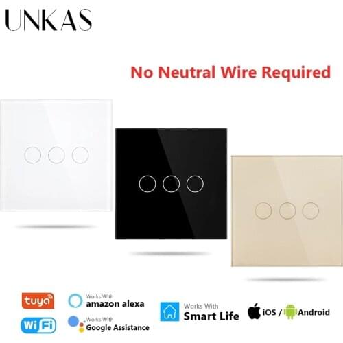 UNKAS 3 Gang Wifi Touch EU Wall Switch Glass Panel No Neutral Wire Required Smart Light 220V Tuya Alexa Google Home Outlet