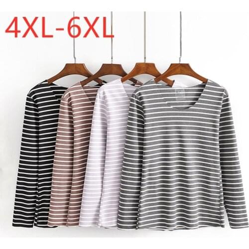 New Ladies Autumn Winter Plus Size Basic Tops For Women Large Long Sleeve Elastic Slim Black Stripe Thick T-shirt 4XL 5XL 6XL