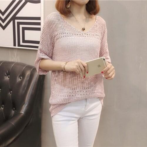 Short Sleeve Hollow Out Summer Knitted Pullovers Tops Women Short Pull Sweaters Thin Female Knitting Pull Jumper Female Top