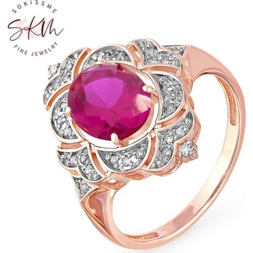 SKM flower ruby rings with diamond 14k 18k rose gold rings for women designer Promise Luxury Fine Jewelry