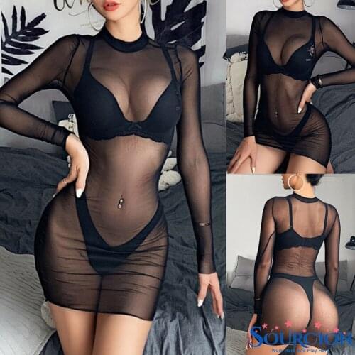 SWT Womens Sheer Mesh See-through Clubwear Mini Dress Thin Long Sleeve Crop Tops Transparent Dress Nightclub Tight Dress