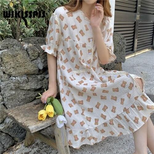 WIKISSPJS 2021 Summer New Short Sleeve Nightdress Loose Little Bear Sweet Lace Pajamas for Women Sleepwear Robe Sets