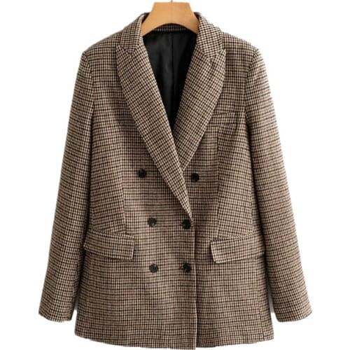 Fad Autumn Houndstooth Plaid Blazer For Women Solid Casual Double Breasted Notched Office Ladies Long Jacket Female Slim Coat