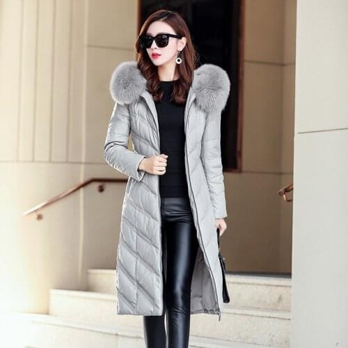 Winter Genuine Leather Jacket Women Duck Down Jacket Female Fox Fur Collar Plus Size Long Coat Sheepskin Jackets KJ585