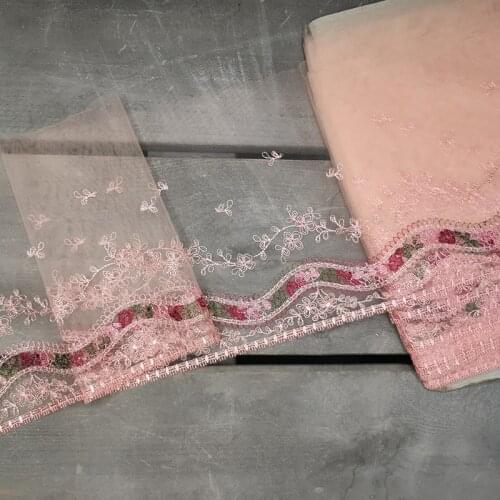 14Yards Embroidered Lace Trim Golden Pink Edge Mesh Tulle Costume Decor Applique Lingerie Bra Wedding Dress Sofa Curtain Fabric