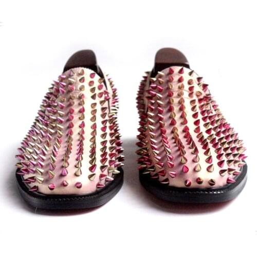 2020 New Fashion Men Pink Night Club Party Slip On Loafers Handmade Rivet Wedding Genuine Leather Dress Shoes Plus Size Footwear