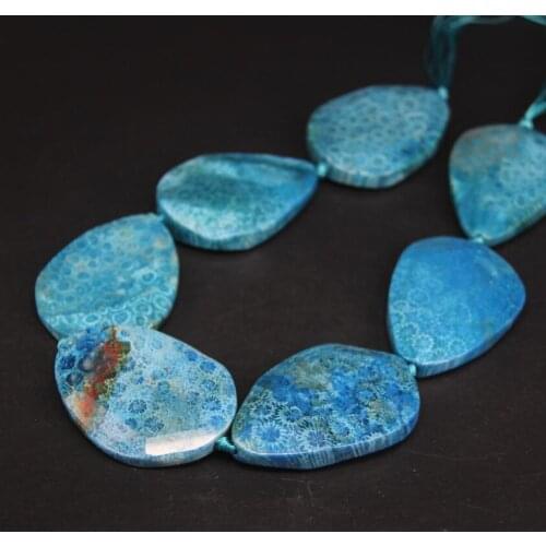 7-8PCS/strand Large Size Blue Coral Jades Faceted Slab Nugget Beads,Chrysanthemum Stone Agates Slice Pendants Jewelry Making