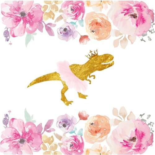 Oh Girl Baby Shower Birthday Party Backdrops Floral Pink Golden Glittering Tyrannosaurus Cute Dinosaur Photo Backgrounds Banners