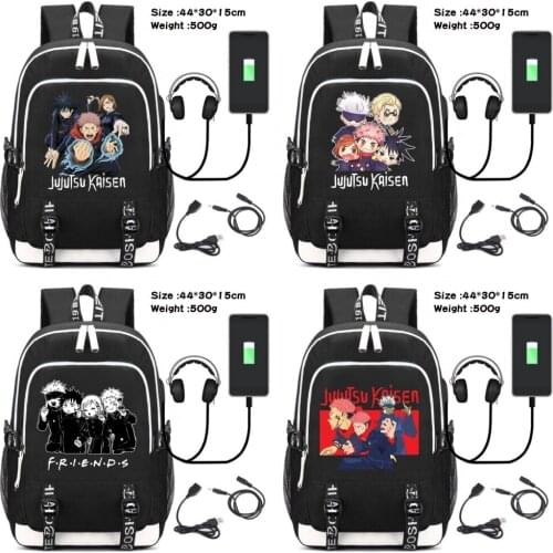 Jujutsu Kaisen Canvas Backpack Casual USB Charging Headphone Cartoon Travel Laptop Bag Teenager Zip Schoolbag Student Packsack