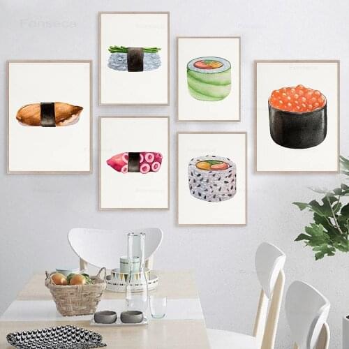 Nordic Kitchen Poster Watercolor Sushi Rice Food Art Canvas Painting Japanese Style Wall Picture Modern Restaurant Decoration