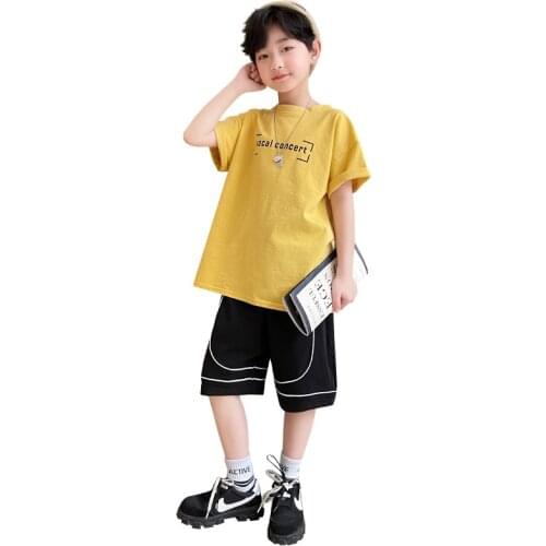 Kids boys summer short-sleeved suit cartoon letters printed T-shirt + Shorts 2pcs sets of new big virgin suit 4-12 years old