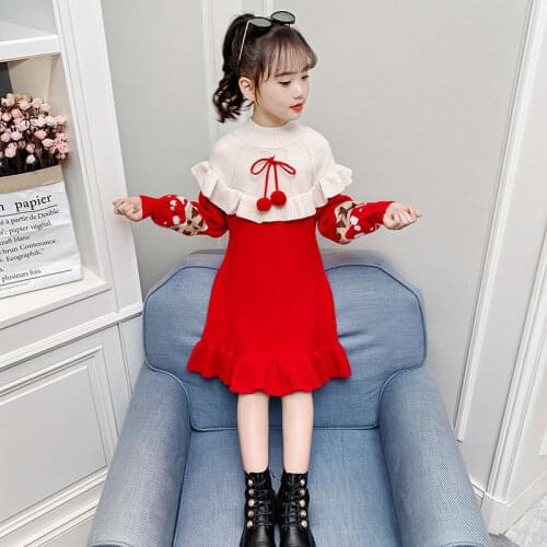 2021 Autumn Winter Toddler Teen Child Warm Thick Long Sleeve Girls Dresses Turtleneck Knit Kids Pullover Sweaters Dress W357