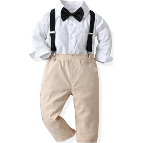 Autumn Baby Boys Clothes Suit Long Sleeve Bowtie White Shirt+Suspender Trousers Sets 4Pcs Toddler Kids Boys Gentleman Costume