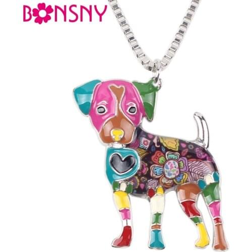 Bonsny Statement Metal Alloy Jack Russell Dog Choker Necklace Chain Collar Bulldog Pendant Fashion New Enamel Jewelry Women