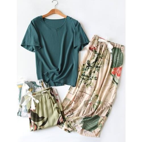 Spring New Women Comfort Rayon Pajamas Set Loose Thin Wide Leg Floral Printed Short Sleeve+Pants 2Pcs Ladies Household Sleepwear