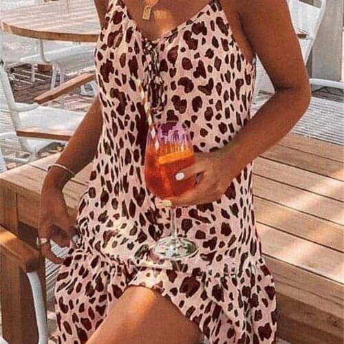 Summer Sexy V-neck Sling Dress Sleeveless Ruffled Hem Leopard Print Spaghetti Strap Sling Dress Sundress Lady Party wear 3XL