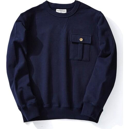 Winter 490 Grams Heavyweight Solid Color Simple Round Neck Pullover Sweatshirt Men Thick Warm Pocket Decoration Terry Bottom Top