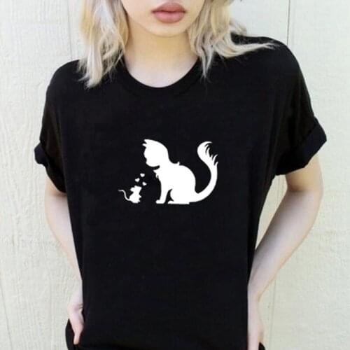 Casual Cat Print Print Summer T Shirt Women O-neck Cotton Short Sleeve Funny Tshirt Women Top Loose Tee Shirt Femme Black White