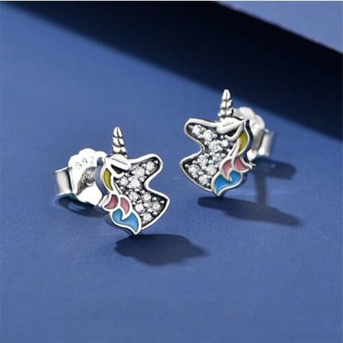 925 Sterling Silver Zircon Unicorn Licorne Stud Earrings For Women Kids Wedding Jewelry Female pendientes eh1399
