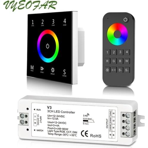 Led RGB Strip Controller 2.4GHz RF 220V Wall Touch Panel T13;4A 3 Channel Receiver RT9 Wireless Remote 4 Zone RGB String Control