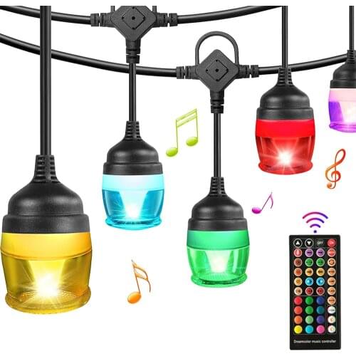 Outdoor String Lights12 LED RGB String Lights Remote, Sync to Music, 12 Shatterproof Bulb, Backyard Hanging Patio String Lights