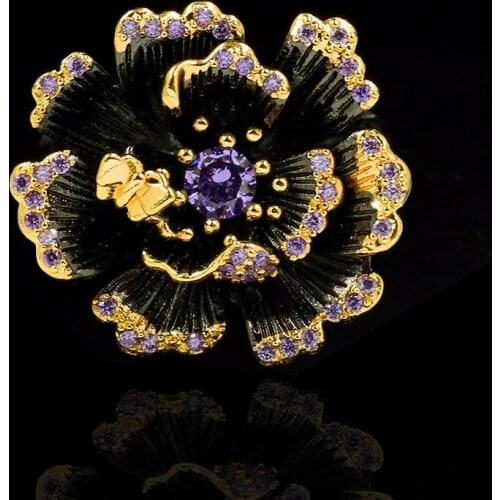 Vintage Female Purple Crystal Hollow Ring Classic 14KT Black Gold Wedding Ring Luxury Zircon Flower Engagement Rings For Women