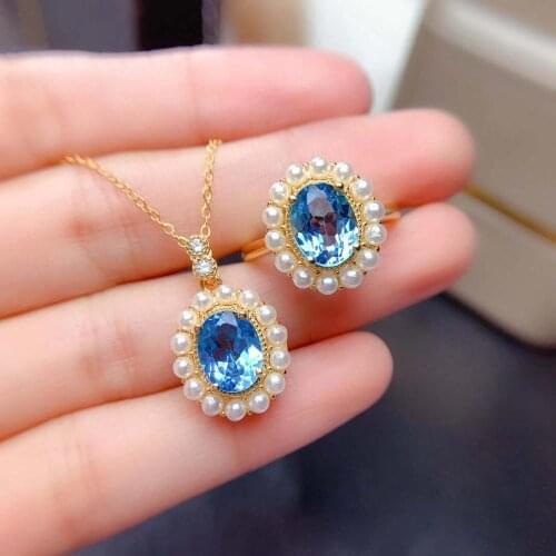 High Quality Blue Topaz Ring Pendant Necklace Set S925 Pure Silver Fine Fashion Wedding Jewelry for Women Free ShippingMeibaPJFS