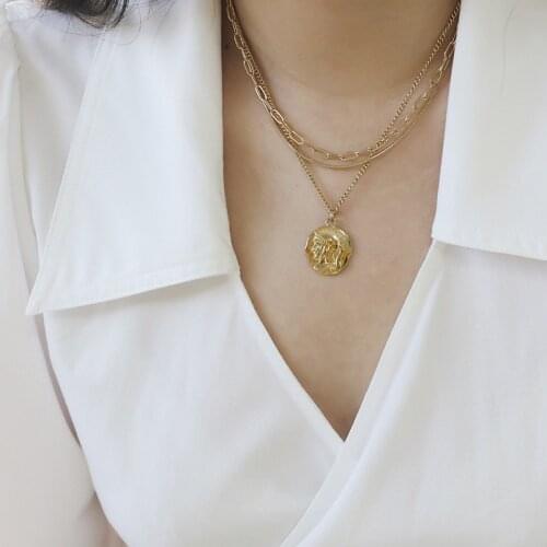 MODAGIRL Gold Silver Color Womens Neck Chain 3D Raised Face Coin Multilayer Necklace Stainless Steel Jewelry 2020