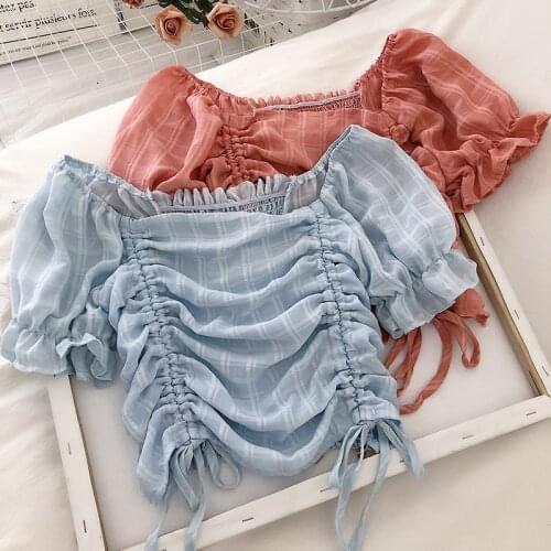 Vintage lantern Sleeve Women Blouse Square Neck Korean Style Tops Elegant Sexy White blue Slim Crop Blouse Women drawstring tops